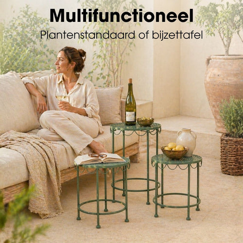 Mica Decorations Marseille Plantenrek Plantentafel Set van 3 - Plantenstandaard met Drie Hoogtes - Plantentafeltje voor Binnen en Buiten - Open