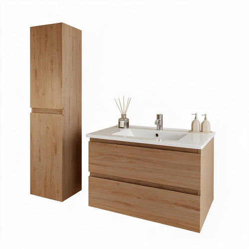 LOMAZOO badmeubelset Verona - met hoge kast & witte wastafel - licht eiken - 80 cm