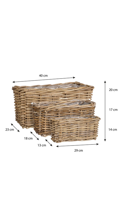 Mica Decorations Marcia Plantenmand voor Buiten - Set van 3 - L40 x B23 x H20 cm - Rotan - Grijs