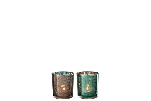 J-Line windlicht Oosters - glas - azuur/koper - small - 2 stuks