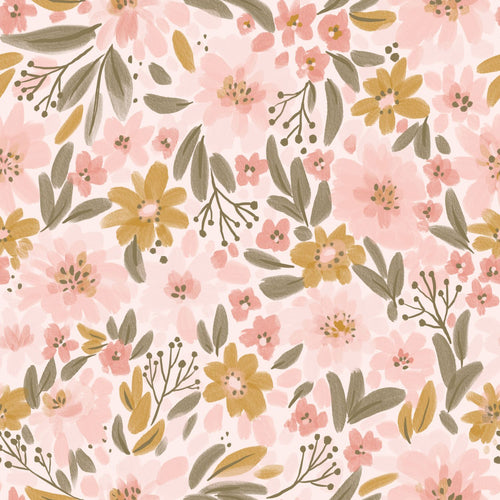 ESTAhome behang bloemen licht roze, okergeel en vergrijsd groen - 50 x 900 cm - 130923 - vtwonen shop