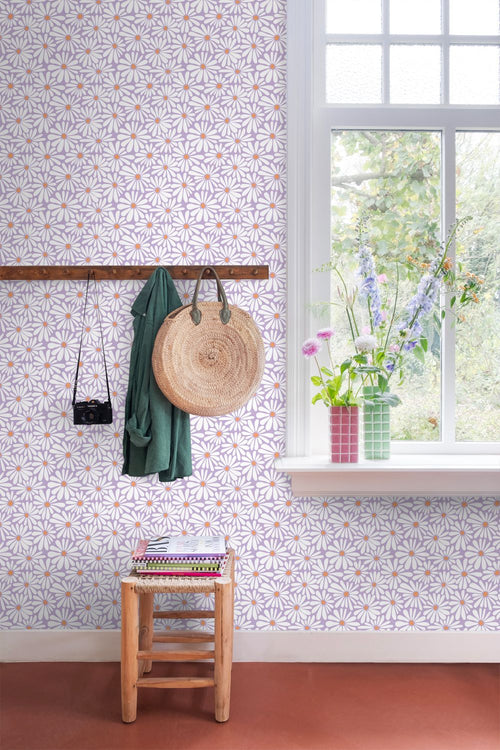 ESTAhome behang madeliefjes lila paars en oranje - 53 cm x 10.05 m - 131153