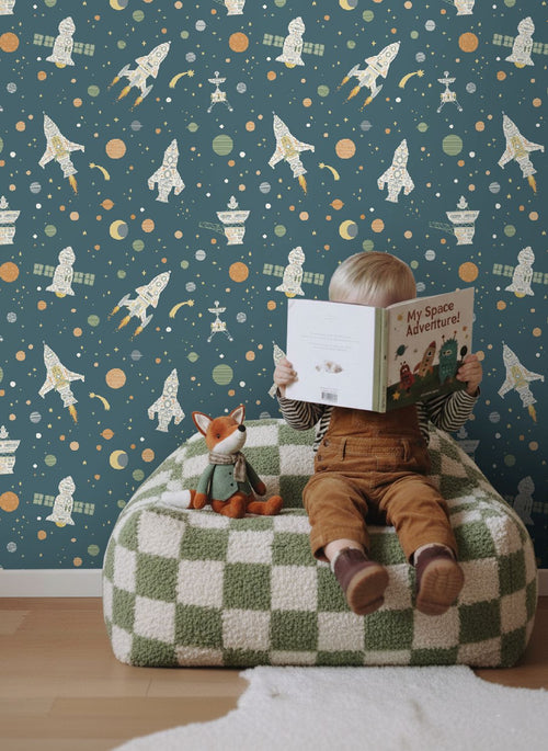 ESTAhome behang planeten in de ruimte blauw, groen en bruin - 50 x 900 cm - 132070