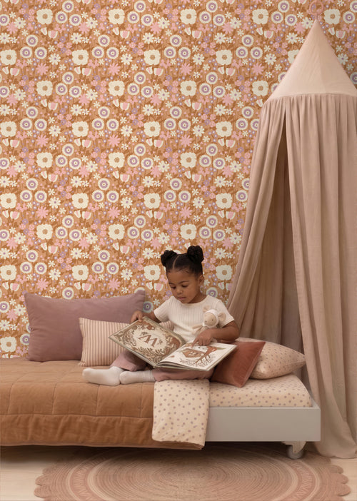 ESTAhome behang retro bloemen terracotta bruin, roze en paars - 50 x 900 cm - 132161