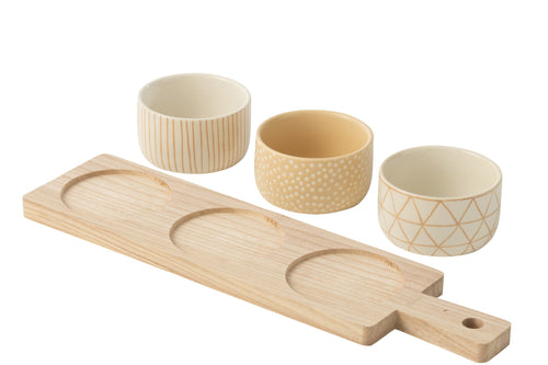J-Line tapasplank 3 kommen + bambouschaal In Doos - keramiek/hout - wit/creme