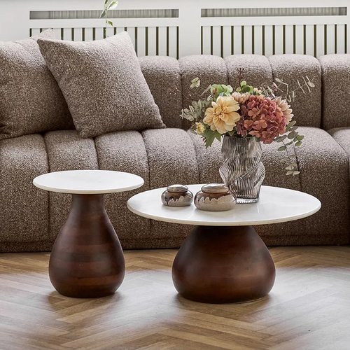 Artichok Herre houten bijzettafel bruin met wit marmer blad - Ø40