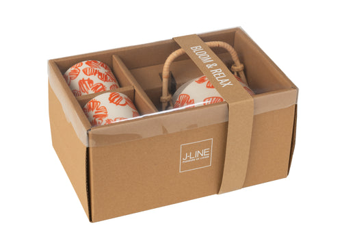 J-Line theepot Bloemen - keramiek - oranje - doos van 3 stuks