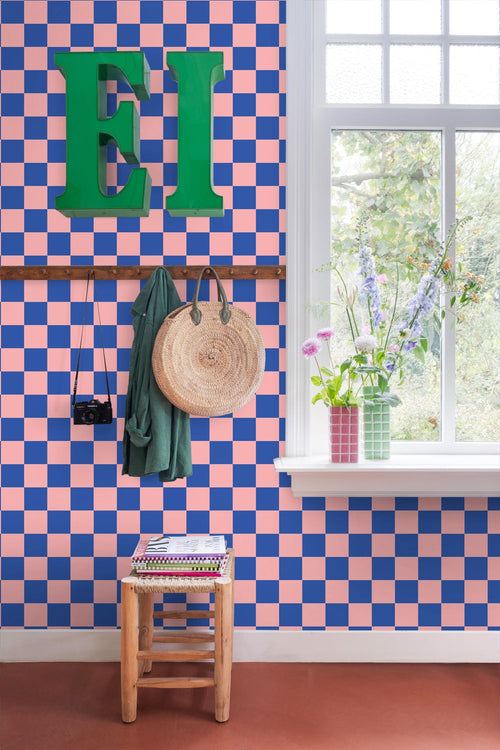 ESTAhome behang geblokt motief roze en koningsblauw - 53 cm x 10.05 m - 130915