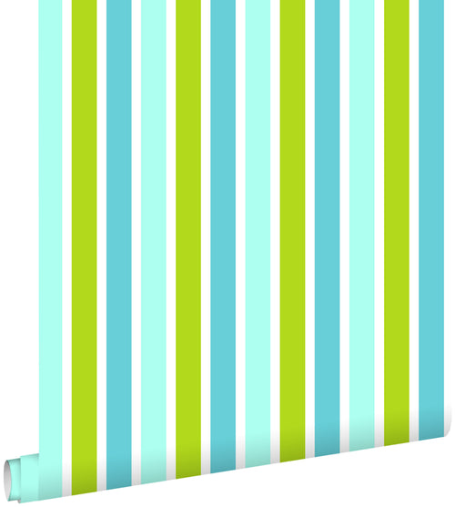 ESTAhome behang verticale strepen turquoise, limegroen en wit - 53 cm x 10.05 m - 138703