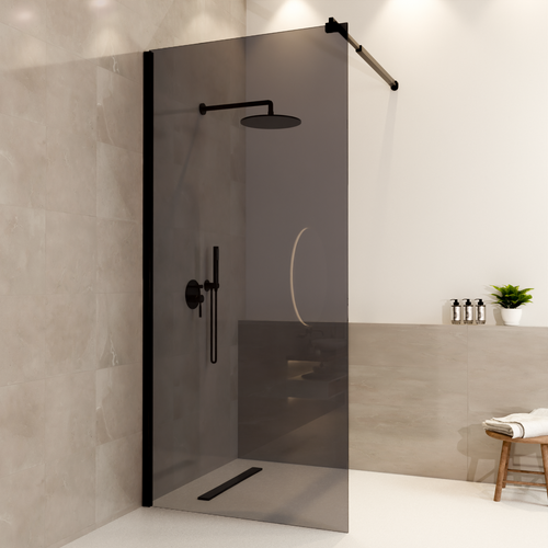 LOMAZOO douchewand Lima - inloopdouche - anti kalk nano coating - rookglas - 8 mm - zwart - 90 x 200 cm