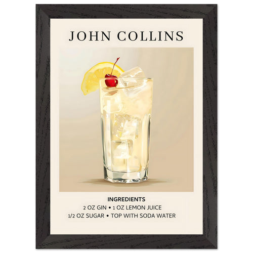 Artfulprints Poster met Lijst John Collins cocktail - Ingrediënten   - A4 21x29.7 cm - Taupe