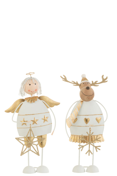 J-Line kerstfiguur Engel/Rendier - metaal - wit/goud - large - 2 stuks