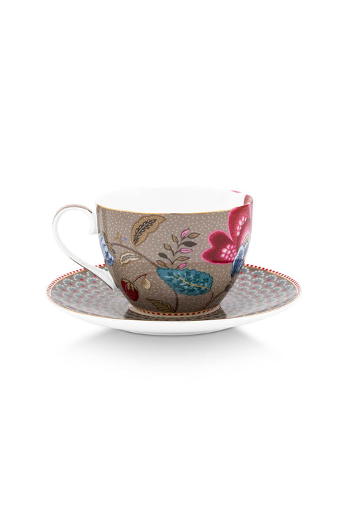 Pip Studio Kop en Schotel - Blooming Tales - Khaki - 300ml - Set van 2