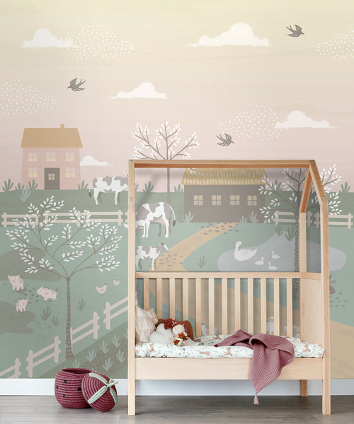 ESTAhome fotobehang boerderij dieren groen en roze - 250 x 279 cm - 159241 - vtwonen shop