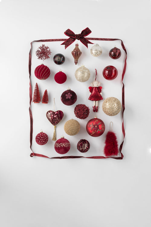 J-Line kerstbal Lijnen/Geruit - fluweel - rood/goud - doos van 4
