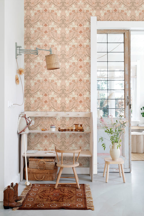 ESTAhome behang vintage bloemen in art nouveau stijl terracotta roze - 53 cm x 10.05 m - 139668 - vtwonen shop