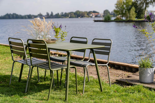 MaximaVida metalen tuinset Max olijfgroen 150 cm – 1 tafel met 2 stoelen en 1 bank - vtwonen shop