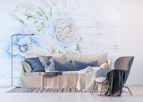 Sanders & Sanders fotobehang bloemen wit, blauw en oranje - 375 x 270 cm - 600501