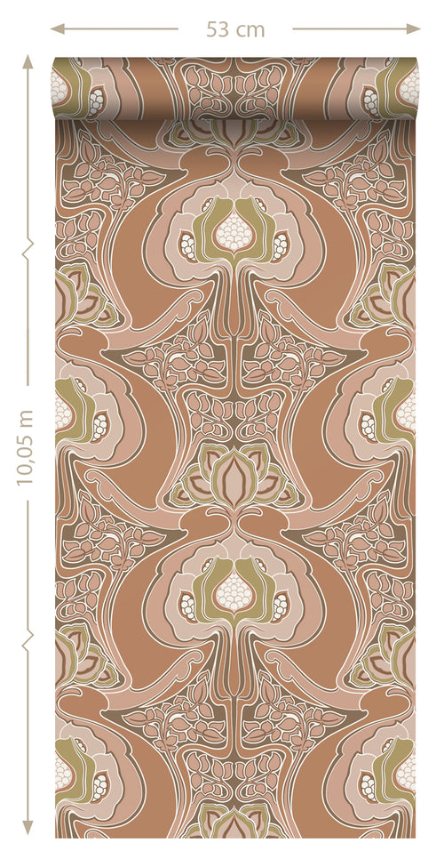 ESTAhome behang vintage bloemen in art nouveau stijl terracotta roze - 0.53 x 10.05 m - 139570 - vtwonen shop