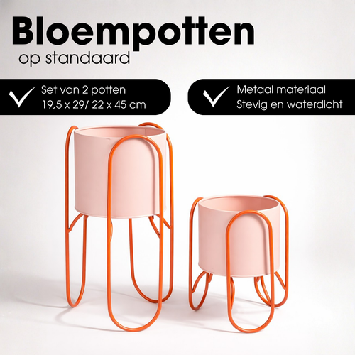 Mica Decorations Donau Bloempot op Standaard – Set van 2 – Plantenpot voor Bloemen en Kamerplanten – Bloempotten voor Binnen – IJzer – Roze