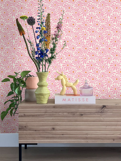 ESTAhome behang madeliefjes roze en oranje - 53 cm x 10.05 m - 131149
