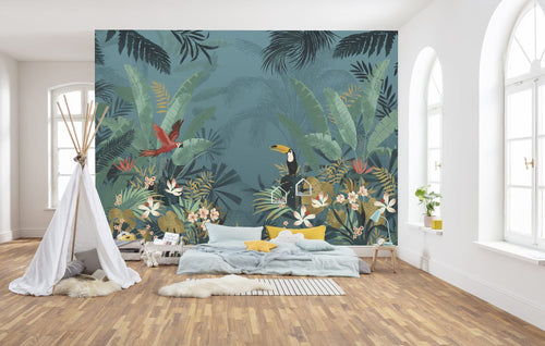 Sanders & Sanders fotobehang betoverde jungle petrolblauw en groen - 350 x 250 cm - 612331 - vtwonen shop