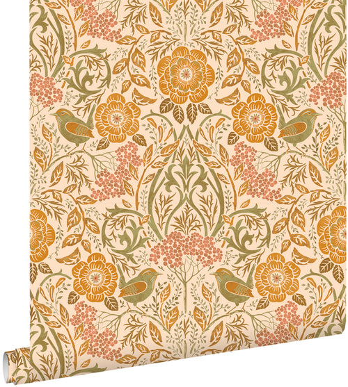 ESTAhome behang bloemen en vogels in art nouveau stijl oranje en groen - 50 x 900 cm - 131696