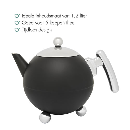 Bredemeijer - Duet® Bella Ronde – Dubbelwandige Theepot – 1,2 liter - RVS - Mat zwart - vtwonen shop