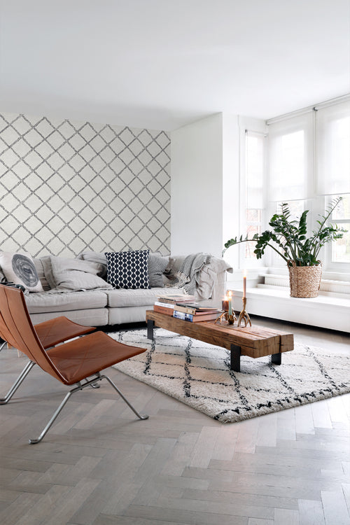 ESTAhome behang oosters berber tapijt zwart en mat wit - 53 cm x 10.05 m - 148666