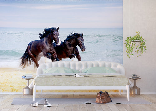 Sanders & Sanders fotobehang paarden beige, bruin en blauw - 360 x 254 cm - 600406