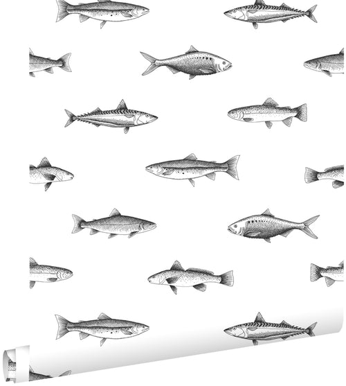 ESTAhome behang pentekening vissen wit en zwart - 53 cm x 10.05 m - 138967