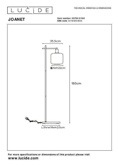 Lucide vloerlamp JOANET - 1xE27 - Fumé