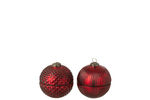 J-Line geurkaars Kerstbal - glas - bordeaux - small - 2 stuks