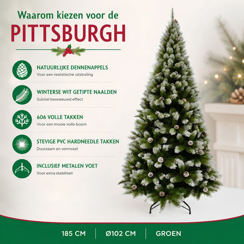 Triumph Tree Pittsburgh Kerstboom - Kerstversiering met Dennenappels en Witte Bevroren Takpunten - Kunstboom met Realistische Groene Naaldjes - H185 x
