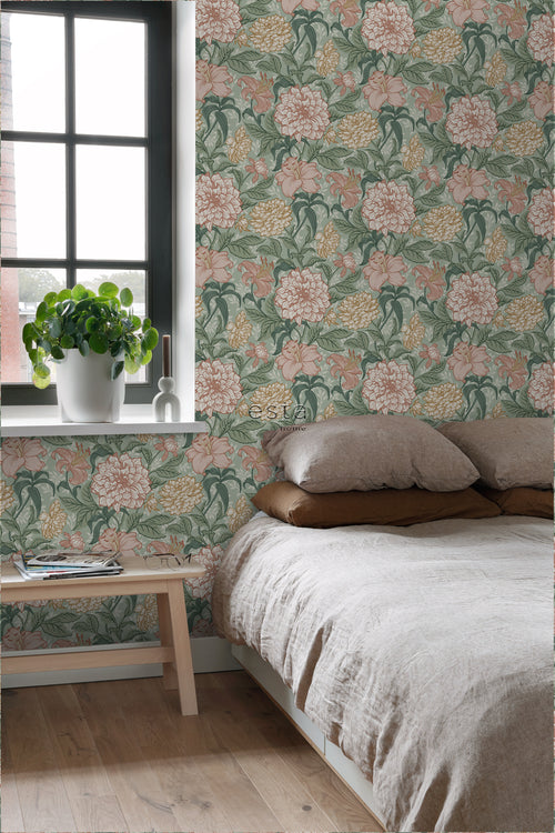 ESTAhome behang vintage bloemen groen en oudroze - 53 cm x 10.05 m - 139378