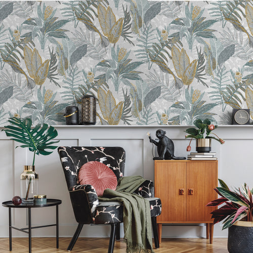 Sanders & Sanders behang bladeren vergrijsd blauw en geel - 53 cm x 10 m - 640238 - vtwonen shop