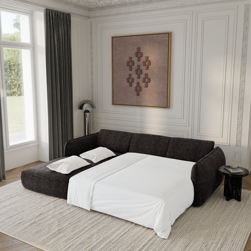 Sia Home - Linkshoekbank met slaapfunctie LIVIA - geweven fluweel donker antraciet 274cm