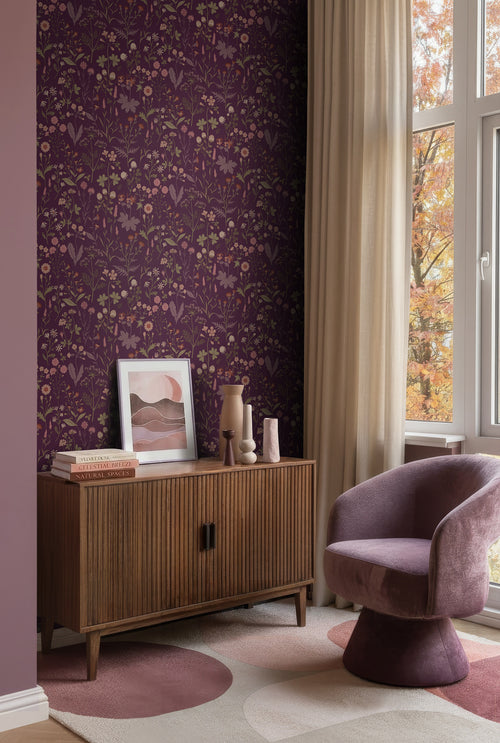 ESTAhome behang veldbloemen aubergine paars - 50 x 900 cm - 131637