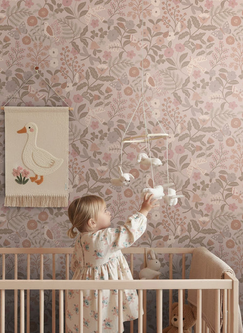 ESTAhome behang bloemen en vogels taupe en oudroze - 50 x 900 cm - 132232