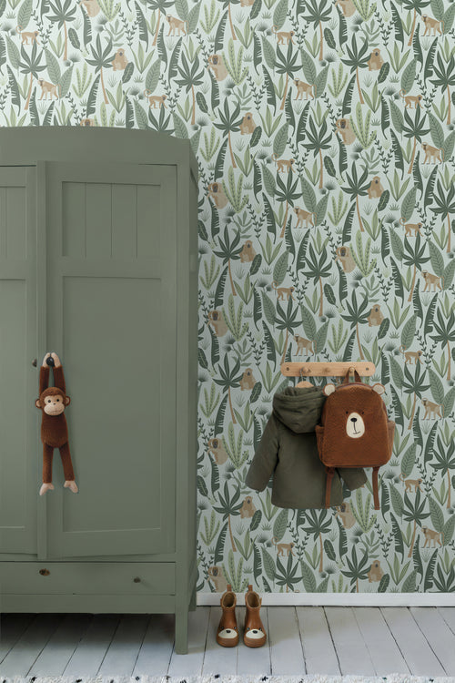 ESTAhome behang jungle apen mintgroen en donkergroen - 53 cm x 10.05 m - 139073