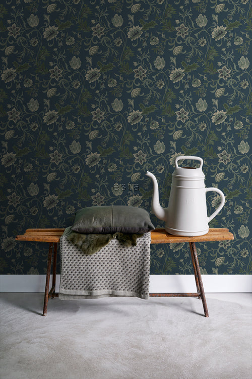 ESTAhome behang vintage bloemen donkerblauw en groen - 53 cm x 10.05 m - 139416