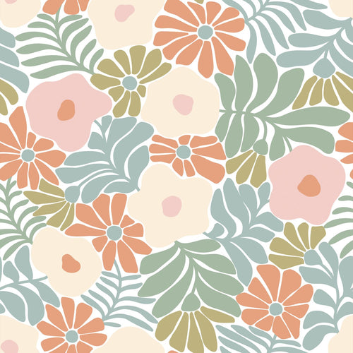 ESTAhome behang bloemen in Matisse stijl turquoise, oranje, olijfgroen en beige - 50 x 900 cm - 131004 - vtwonen shop