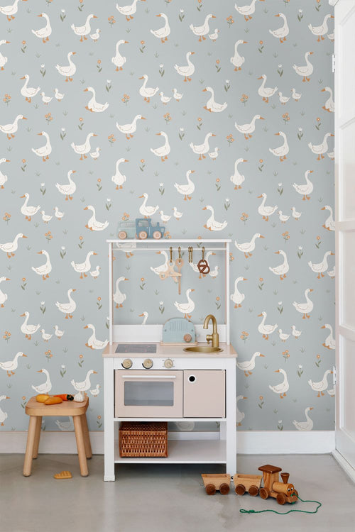ESTAhome behang schattige ganzen blauw - 50 x 900 cm - 131828