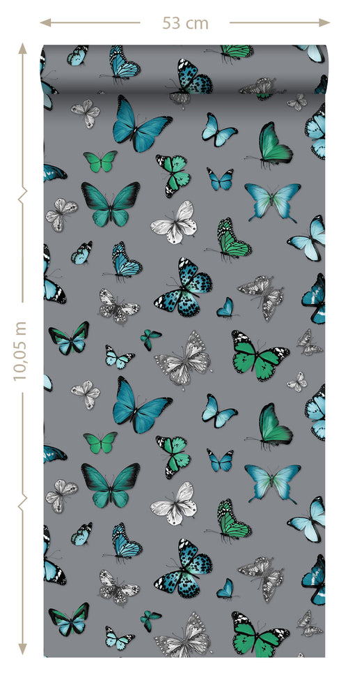 ESTAhome behang vlinders zilver en turquoise - 53 cm x 10.05 m - 138510