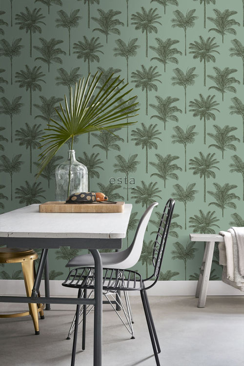 ESTAhome behang palmbomen vergrijsd groen - 53 cm x 10.05 m - 139165