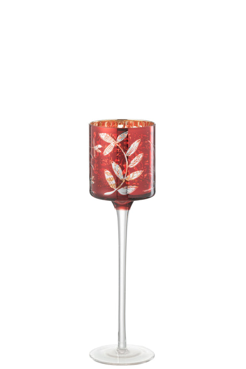 J-Line theelichthouder Op Voet Blaadjes - glas - rood/goud - small