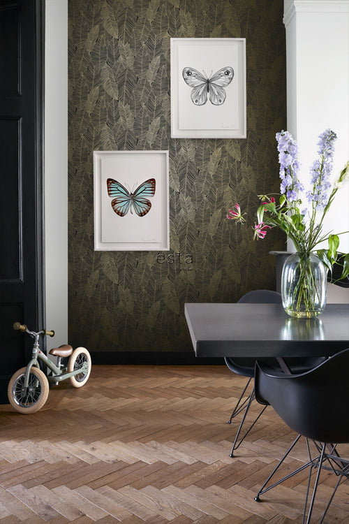 ESTAhome behang getekende bladeren zwart en goud - 53 cm x 10.05 m - 139126