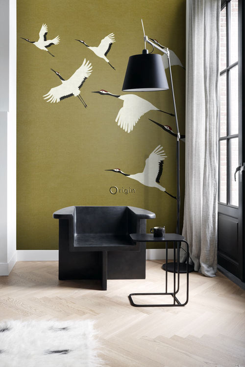 Origin Wallcoverings fotobehang kraanvogels okergeel - 300 x 300 cm - 357236 - vtwonen shop