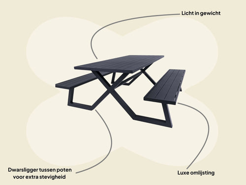 MaximaVida luxe aluminium picknicktafel Dex 200 cm zwart met exclusieve omlijsting