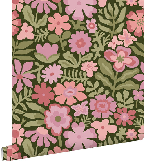 ESTAhome behang bloemetjes groen, roze en paars - 50 x 900 cm - 132293